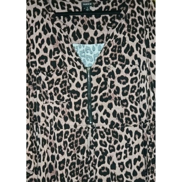 Torrid Leopard Print Shirt Dress Mini Challis Zip Front Roll Tab Sleeves Plus 1X - Picture 7 of 14